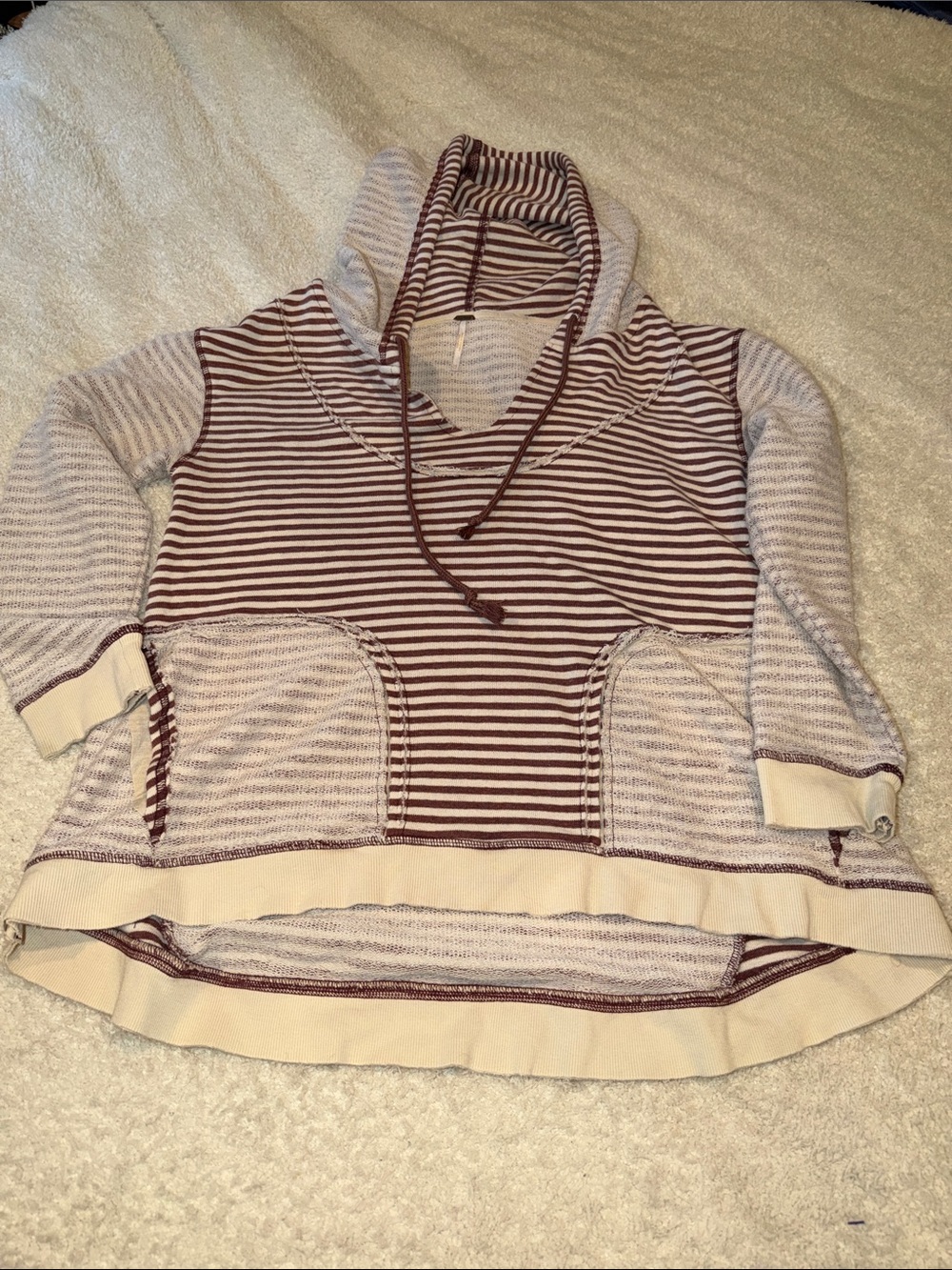 Free People Striped Hooded Pullover in Cream and Brown